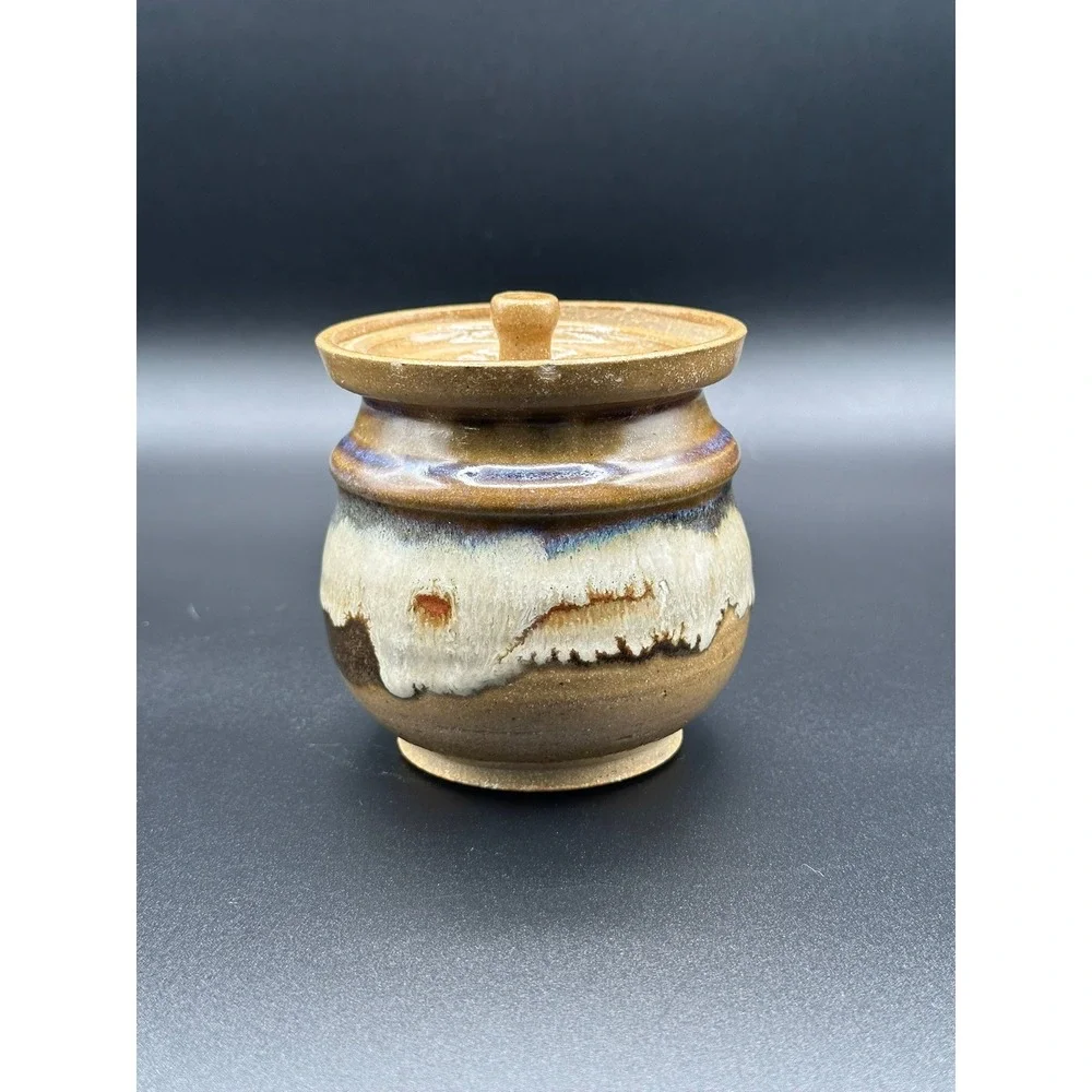 Vintage Artisan Signed Studio Pottery Honey Pot Drip Glaze Brown Cream 4.5